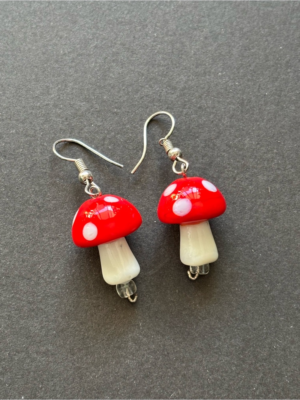 Glass Mushroom Dangle Earrings | Red White Handmade